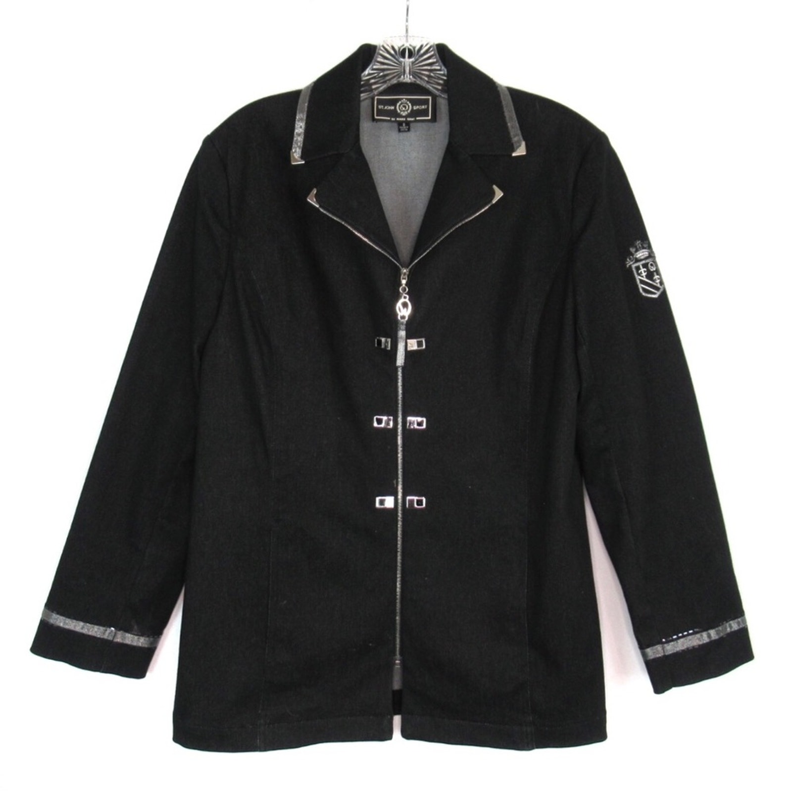 St. John Black Denim Zip Front Notch Collar Jacket Women’s Size Small